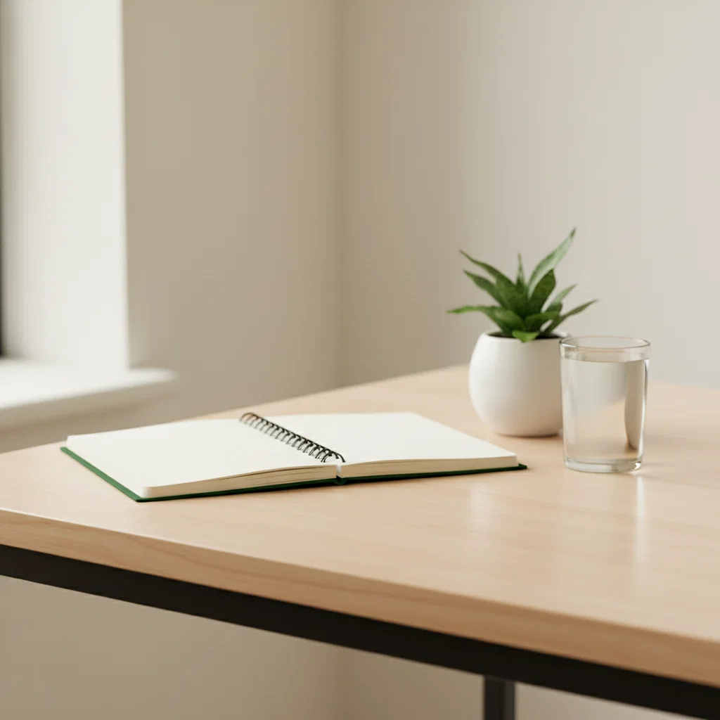 A tidy workspace with a notebook, a small potted plant and a glass of water on a light wooden desk