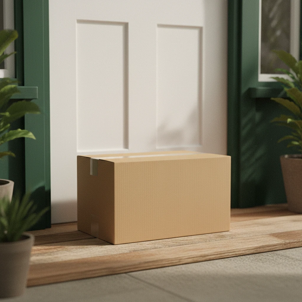 A plain brown kraft cardboard parcel box on a doorstep ready for delivery
